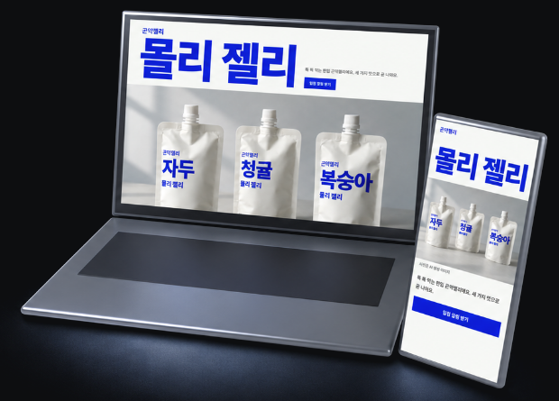 방향 B 시안의 기기 화면. 화면 속 사이트는 가상 클라이언트 데모 몰리 젤리